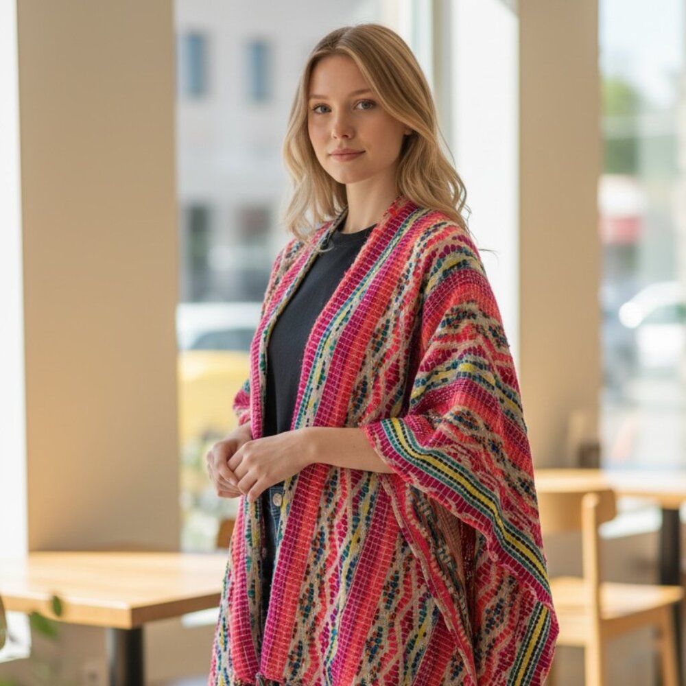 NWOT Neon Rainbow Woven Fringe Open-front Poncho